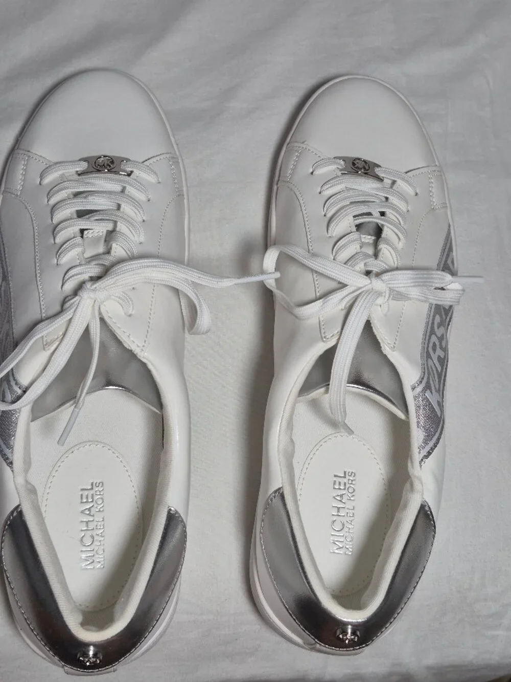 Michael Kors MK White Silver Metallic Print Logo Lace Up Sneaker Shoes Size 11 M